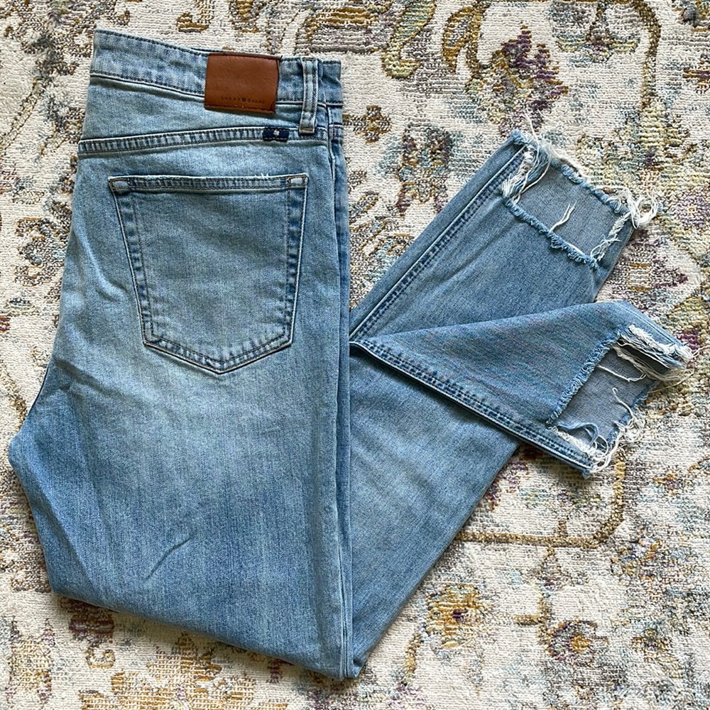 High-Rise, Skinny Lucky Brand Denim with Intentional Frays & Patchwork